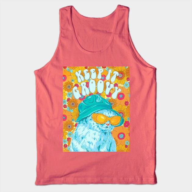Keep It Groovy - Funky Floral Cat Tank Top by rosiemoonart